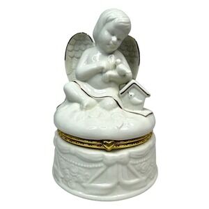 Porcelain Angel Trinket Jewelry Box Bath Salt Holder Gold Trim Bird 5in Wx7in H